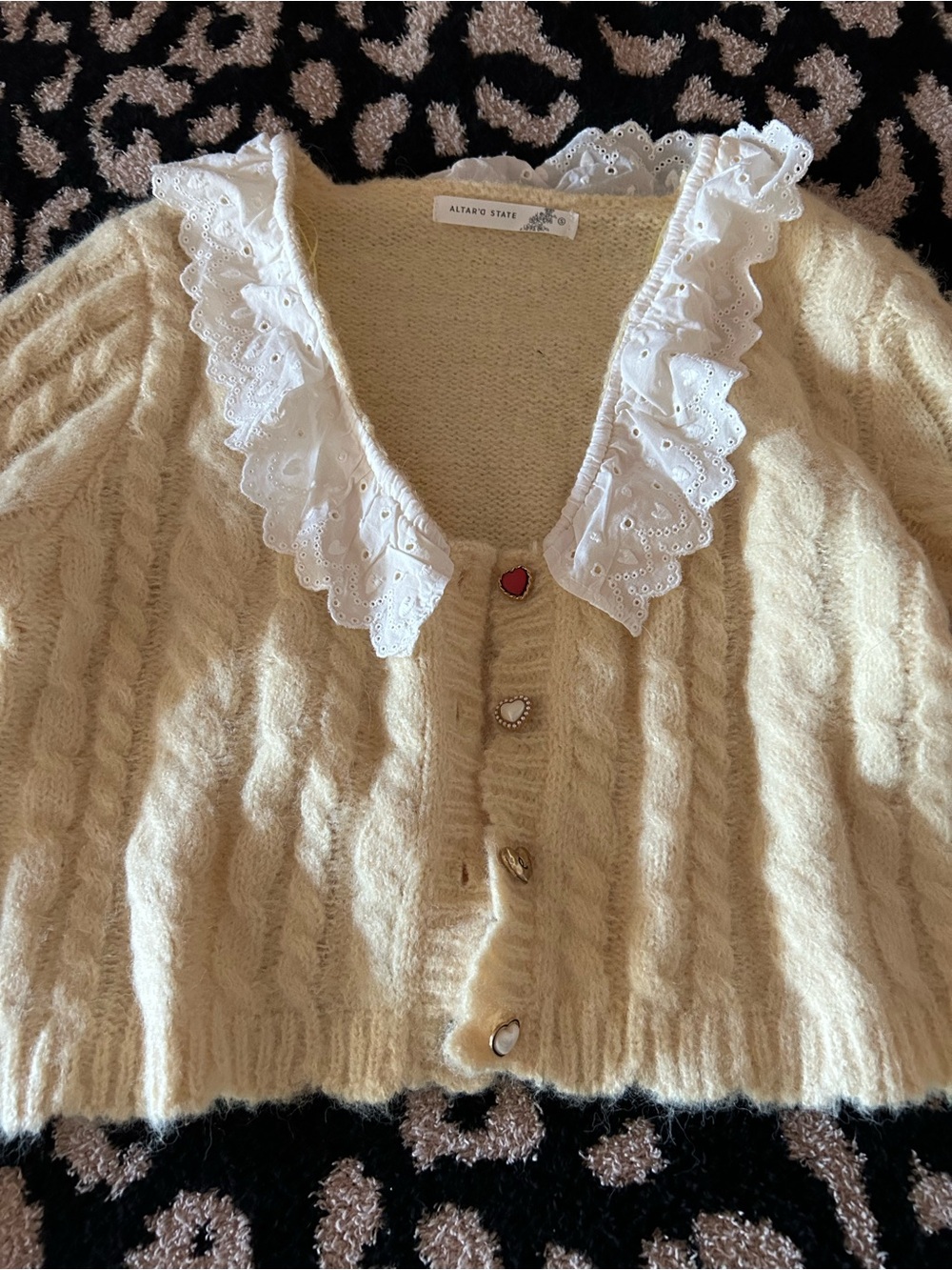 Altar'd State yellow Cable Knit Cardigan with Ruffle Eyelet Collar